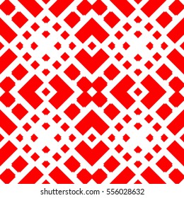 Repeated red figures on white background. Ethnic wallpaper. Seamless surface pattern design with symmetrical polygons ornament. Geometric motif. Digital paper for textile print, web design. Vector
