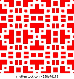 Repeated red figures on white background. Ethnic wallpaper. Seamless surface pattern design with symmetrical polygons ornament. Geometric motif. Digital paper for textile print, web design. Vector.