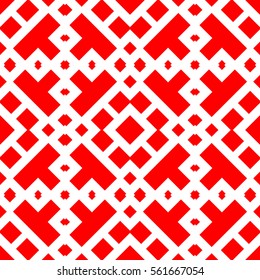 Repeated red figures on white background. Ethnic wallpaper. Seamless surface pattern design with symmetrical polygons ornament. Geometric motif. Digital paper for textile print, web design. Vector.