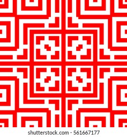 Repeated red figures on white background. Ornamental wallpaper. Seamless surface pattern design with symmetrical lines, squares and brackets ornament. Ethnic motif. Digital paper for textile print