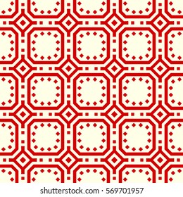 Repeated red figures on white background. Ethnic wallpaper. Seamless surface pattern design with symmetrical rhombuses, squares and other polygons ornament. Geometric motif. Digital paper. Vector art