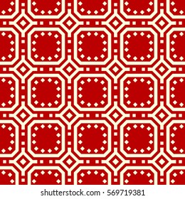 Repeated red figures on white background. Ethnic wallpaper. Seamless surface pattern design with symmetrical rhombuses, squares and other polygons ornament. Tile motif. Digital paper. Vector art.