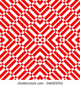 Repeated red geometric figures on white background. Seamless surface pattern design with symmetrical trapeziums and chevrons ornament. Polygons wallpaper. Diagonal dashes and lines motif. Vector art