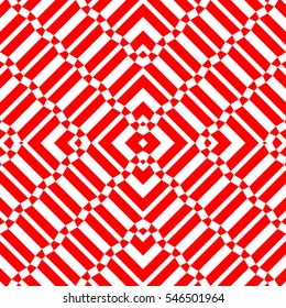 Repeated red geometric figures on white background. Seamless surface pattern design with symmetrical trapeziums and chevrons ornament. Polygons wallpaper. Diagonal dashes and lines motif. Vector art