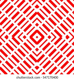 Repeated red geometric figures on white background. Seamless surface pattern design with symmetrical rectangles and rhombuses ornament. Polygons wallpaper. Diagonal dashed lines motif. Digital paper