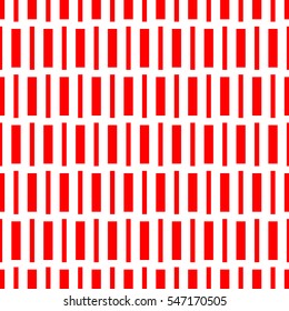 Repeated red geometric figures on white background. Seamless surface pattern design with symmetrical rectangles ornament. Polygons wallpaper. Dashed lines motif. Digital paper with stripes. Vector