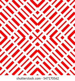 Repeated red geometric figures on white background. Seamless surface pattern design with symmetrical rectangles and brackets ornament. Polygons wallpaper. Diagonal dashed lines motif. Digital paper
