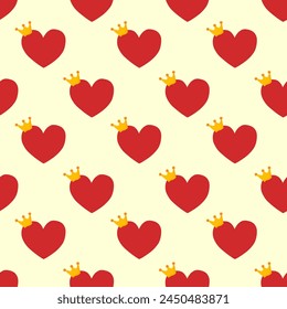 Repeated Red Hearts with crowns drawn by hand. Cute seamless pattern for girls. Sketch, doodle, scribble. Endless girlish print. Girly flat vector illustration.
