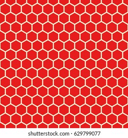 Repeated red polygons on white background. Honeycomb wallpaper. Seamless surface pattern design with regular hexagons. Grill motif. Digital paper for page fills, web designing, textile print. Vector