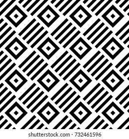 Repeated rhombuses and stripes ornamental background. Diamonds and strokes wallpaper. Ethnic seamless surface pattern design with geometric figures. Tribal embroidery motif. Digital paper, page fill.