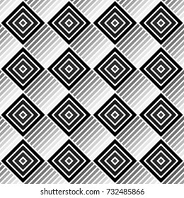 Repeated rhombuses and stripes ornamental background. Diamonds and strokes wallpaper. Ethnic seamless surface pattern design with geometric figures. Tribal embroidery motif. Digital paper, page fill.