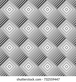 Repeated rhombuses and stripes ornamental background. Diamonds and strokes wallpaper. Ethnic seamless surface pattern design with geometric figures. Tribal embroidery motif. Digital paper, page fill.