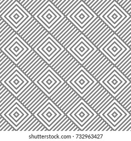 Repeated rhombuses and stripes ornamental background. Diamonds and strokes wallpaper. Ethnic seamless surface pattern design with geometric figures. Tribal embroidery motif. Digital paper, page fill.