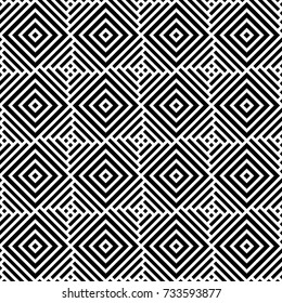 Repeated rhombuses and strokes ornamental background. Diamonds and stripes wallpaper. Ethnic seamless surface pattern design with geometric figures. Tribal embroidery motif. Digital paper, page fill.