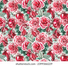 Repeated rose bouquets with red and fuchsia colored green leaves