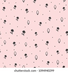 Repeated round dots, flowers and leaves drawn by hand. Floral seamless pattern. Sketch, doodle, scribble. Endless girlish print. Girly vector Illustration.