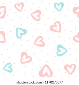 Repeated Round Dots And Hearts Drawn By Hand With Watercolour Brush. Cute Seamless Pattern. Endless Girly Print. Vector Illustration.