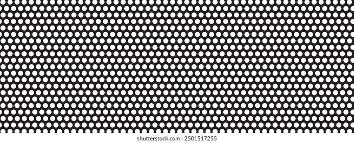 Puntos redondos repetidos. Círculos blancos sobre fondo negro. Tablero de clavijas, radiador o superficie de la parrilla del altavoz con agujeros repetidos. Estampado de agujeros en mosaico. Textura metálica perforada. Vector ilustración gráfica.