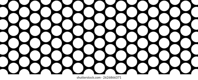 Repeated round dots. White circles on black background. Perforated texture. Pegboard, radiator or speaker grill surface with repeated holes. Mosaic holey print. Vector graphic illustration.
