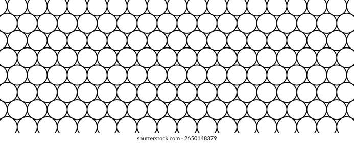 Padrão de formas arredondadas repetido. Círculos pretos no fundo branco. Textura de olho de mosaico. Arame, vedação, rede de pesca, gaiola ou estrutura de rede. Impressão geométrica abstrata. Ilustração gráfica vetorial.