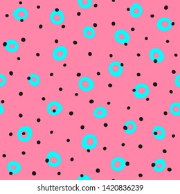 Repeated round spots and circles. Simple seamless pattern. Vector illustration. Pink, black, blue.