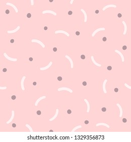 Repeated round spots and curved short lines. Abstract seamless pattern for girls. Simple girly vector illustration.