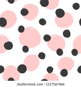 Repeated round spots painted with rough brush. Trend seamless pattern. Grunge, sketch, watercolor. Endless modern print. Girly vector illustration. White, pink, black.