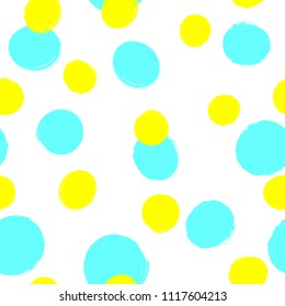 Repeated round spots painted with rough brush. Trendy seamless pattern. Grunge, sketch, watercolor. Endless print. Modern vector illustration. White, blue, yellow.