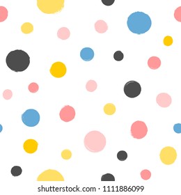 Repeated round spots painted with a watercolor brush. Geometric seamless pattern. Grunge, watercolor, sketch. Vector illustration. White, pink, blue, black, orange colors.