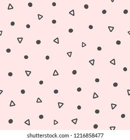 Repeated Round Spots And Triangles Drawn By Hand. Cute Geometric Seamless Pattern. Girly Vector Illustration.