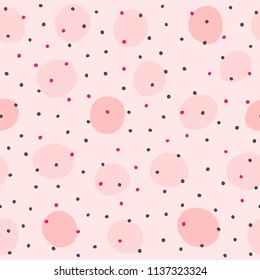 Repeated rounded spots. Seamless pattern with irregular polka dots. Simple girlish print. Girly vector illustration. Pink, purple, black.