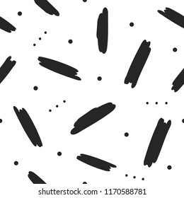 Repeated scattered strokes and round dots. Simple seamless pattern drawn by hand. Black elements on white background. Vector illustration.
