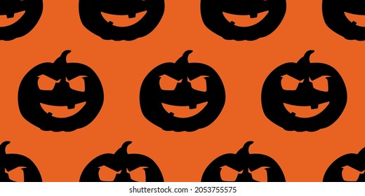 Repeated seamless black pumpkins pattern. Vector sampke with Jacl-o-lanterns and orange background.