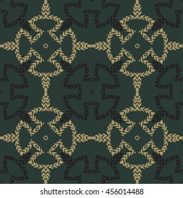 Repeated seamless geometrical pattern, army style, dark background, illustration