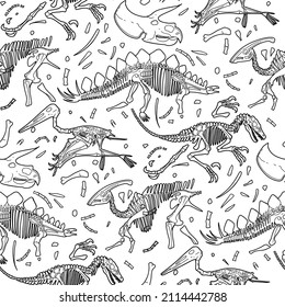 Repeated seamless pattern of dinosaurs fossils on a white background. Prehistoric world. Vector line graphics for coloring books