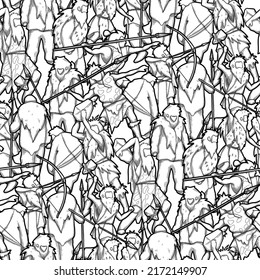 Repeated Seamless Pattern Of A Graphic Cavemen, Hunters And Warriors. Vector Illustration Of The Ice Age