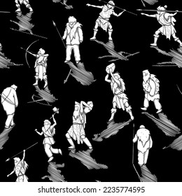 Patrón repetido y sin fisuras de un cavernícola gráfico que arroja sombras, cazadores y guerreros. Ilustración vectorial de la era del hielo