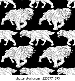 Repeated seamless pattern of a graphic saber-toothed cat or smilodon. Vector illustration of the Ice Age