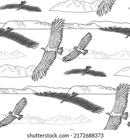 Patrón repetido y sin fisuras de teratones gráficos que sobrevuelan las montañas. Ilustración vectorial de la era del hielo