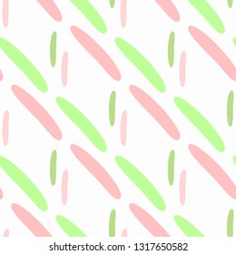 Repeated short lines drawn by hand. Simple seamless pattern. White, green pink. Vector illustration.