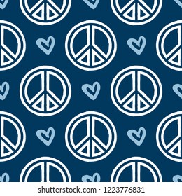 Repeated sign of peace and heart drawn by hand with rough brush. Seamless pattern. Sketch, watercolor, paint. Vector illustration.