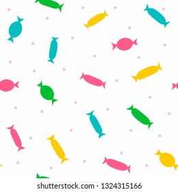 Repeated silhouettes of candy in wrapper and scattered polka dot. Cute seamless pattern for kids. Simple children's colorful print. Vector illustration.