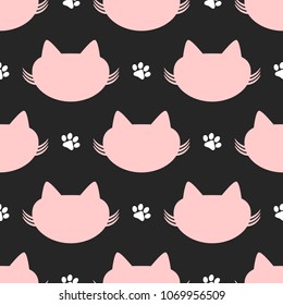 Repeated silhouettes of cat heads and paw prints. Cute seamless pattern. Funny endless print. Vector illustration.