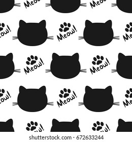 Repeated silhouettes of cat heads and paws. Lettering Meow! Seamless pattern. Vector illustration. Black, white color.