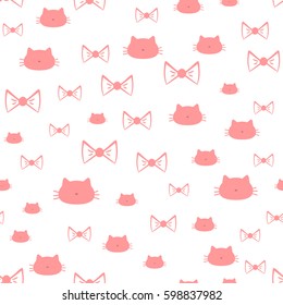 Repeated silhouettes of a cat's head and bows. Seamless pattern. Vector illustration. White, pink.