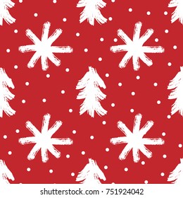 Repeated silhouettes of trees and snowflakes painted with rough brush. New Year seamless pattern. Sketch, watercolor, graffiti. Vector illustration for design of Christmas cards, covers, flyers.