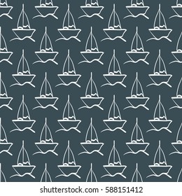 Repeated sketch of the hand of a sailboat on the waves. Seamless pattern. Vector illustration. White, blue.