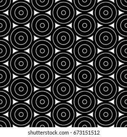 Repeated small and big black circles background. Seamless surface pattern design with circular ornament. Hoops wallpaper. Round motif. Spheres image. Digital paper with rings. Vintage style vector art
