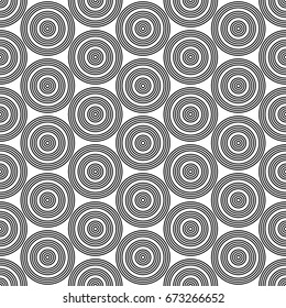 Repeated small and big black circles background. Seamless surface pattern design with circular ornament. Hoops wallpaper. Round motif. Spheres image. Digital paper with rings. Vintage style vector art
