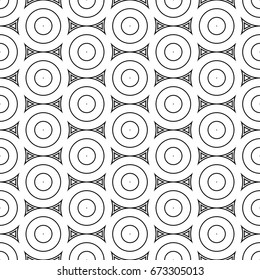 Repeated small and big black circles and triangles background. Seamless surface pattern design with circular ornament. Hoops wallpaper. Round motif. Spheres image. Digital paper with rings. Vector art